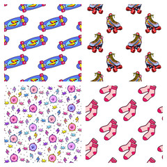 Set of fun kid's seamless patterns with colorful elements. Back to school style backgrounds with rollerblades, socks, skateboards, alarm clocks.	