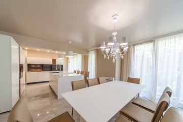 New modern living room with kitchen. New home. Interior photography.