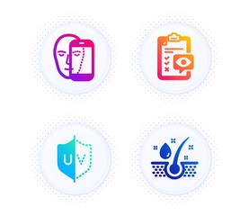 Eye checklist, Face biometrics and Uv protection icons simple set. Button with halftone dots. Serum oil sign. Optometry, Facial recognition, Ultraviolet. Healthy hairs. Medical set. Vector