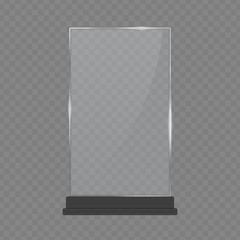 Transparent glass award, trophy glass table display. Plastic clear stand reflection shiny plates template isolated on transparent background. Vector illustration in realistic style. EPS 10.
