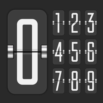 Countdown numbers flip counter isolated on dark background. Black mechanical scoreboard vector template in realistic style. Retro flips clock. Vector illustration EPS 10.