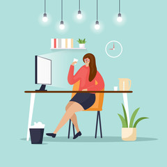 woman sits at the computer on a white background vector illustration