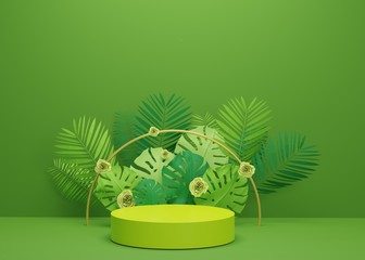 Fashion show stage podium with tropical palm leaves and Monstera plant. Empty scene for product show and mock up. Summer time background