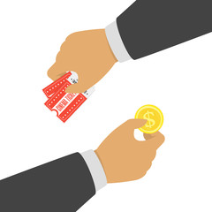 Buying ticket for money. One Hand holding ticket and second hand holding money bill. Buy or selling tickets concept. Sale purchase transaction. Vector illustration in flat style. EPS 10.