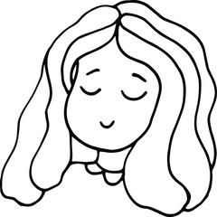 Illustration women face in white background. Beautiful and young girl with long hair. Close up portrait. Sketch. Isolated outline, line, contour.