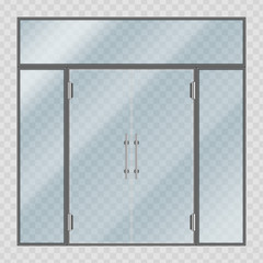 Glass entrance door in realistic style. Shopping center mall entrance automatic doors isolated on transparent background. Glass store facade. Shopfront window or Store boutique showcase. Vector.