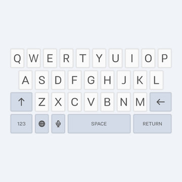 Qwerty keyboard set. Keyboard of smartphone, alphabet and numbers buttons. Mobile phone keypad vector mock-up. Compact virtual key board for mobile device. Vector illustration EPS 10.