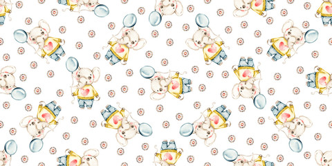 Cute Baby boy elephant watercolor nursery seamless pattern in cartoon style on white background. Safari jungle animal Watercolour handpainted Kids illustration. Birthday background. baby shower invite