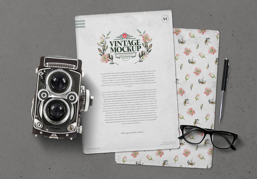 Vintage Paper, Camera, Glasses, and Pen Mockup