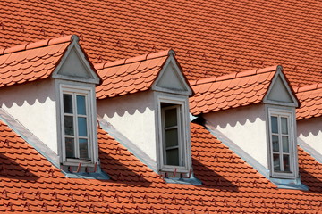 Fototapeta premium Row of renovated old style roof windows covered with new red roof tiles and snow guards on top of suburban family house in old part of town
