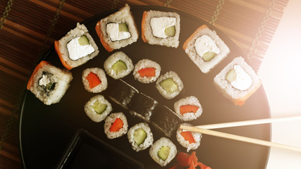 Set of Japanese rolls, top view, toned image