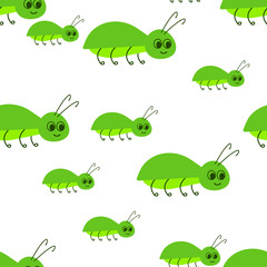 Seamless pattern with Insect. Green beetle on a white background. Flat design for children. Cute cartoon kawaii funny Doodle character. Vector