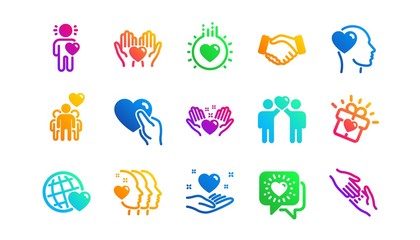 Interaction, Mutual understanding and assistance business. Friendship and love icons. Trust handshake, social responsibility icons. Classic set. Gradient patterns. Quality signs set. Vector
