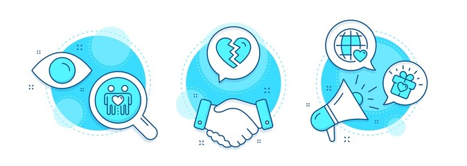 International love, Break up and Love gift line icons set. Handshake deal, research and promotion complex icons. Friends couple sign. Internet dating, Divorce, Heart present. Friendship. Vector
