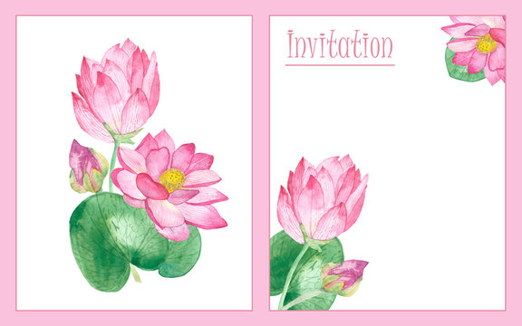 Watercolor hand painted nature romantic floral two cards set with pink blossom lotus flowers and green waterlily leaves invitation with the space for text isolated on the white background
