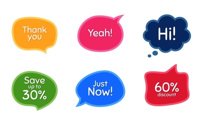Just now, 60% discount and save 30%. Colorful chat bubbles. Thank you phrase. Sale shopping text. Chat messages with phrases. Texting thought bubbles. Vector