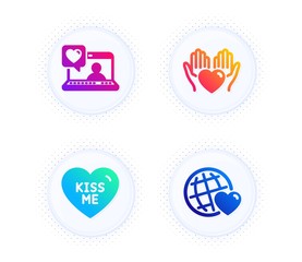 Kiss me, Hold heart and Friends chat icons simple set. Button with halftone dots. Friends world sign. Love sweetheart, Care love. Love set. Gradient flat kiss me icon. Vector