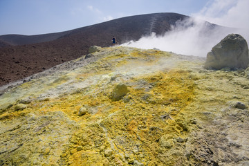 Volcano crater of the volcano with sulphurous fumes, Aeolian Islands, Messina, Sicily, Italy