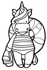Jpeg illustration. Hand drawing. Cartoon unicorn on the beach. Girl with a life buoy in a swimsuit. Isolated on white. Coloring page. Cute character. The original print.