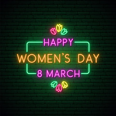 Happy women’s day neon signboard. Bright light design in neon style for International Women Day celebration. Stock vector illustration.