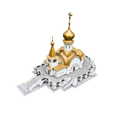 Miniature of The Church of St. Serafim Sarovsky in Khabarovsk, Russia. White orthodox church with golden dome and roof