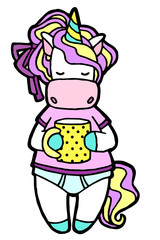Fototapeta premium Jpeg illustration. Hand drawing. Sleepy cartoon unicorn with a cup in hand. Isolated on white. Cute character. The original print. Morning routine.