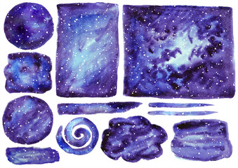 Set of watercolor splots, strokes ans splashes in galaxy colors. Isolated on white background.