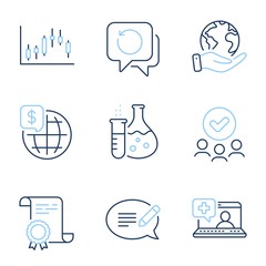 Message, Candlestick graph and Chemistry flask line icons set. Diploma certificate, save planet, group of people. Medical help, Recovery data and World money signs. Vector