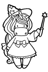 Jpeg illustration. Hand drawing. Cartoon witch unicorn with a magic wand in hand. Isolated on white. Coloring Cute character. Original print. Halloween illustration.