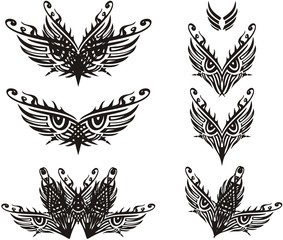 Tribal ornate eyes symbols such as a feather. Beautiful decorative eye symbols can be used as masks on carnivals or for embroidery, tattoo, textile, etc.