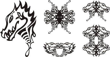 Tribal black and white dragon set. Decorative head of a dragon with an artistic line and double symbols formed from it on a white background
