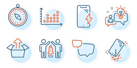 Partnership, Travel compass and Idea signs. Speech bubble, Smartphone charging and Smartphone broken line icons set. Dot plot, Send box symbols. Chat message, Phone battery. Technology set. Vector