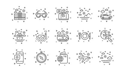 Passport, Luggage and Check in airport. Travel line icons. Sunglasses linear icon set. Geometric elements. Quality signs set. Vector