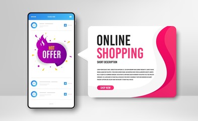 Phone banner template. Hot offer badge. Discount banner shape. Coupon tag icon. Social media banner with smartphone screen. Online shopping web template. Hot offer promotion badge. Vector