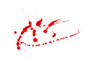 Drops of spattered blood on a white background.