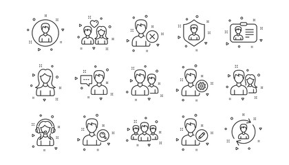 Profile, Group and Support. User person line icons. People linear icon set. Geometric elements. Quality signs set. Vector