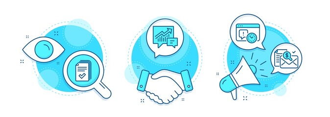 Project deadline, Handout and Accounting report line icons set. Handshake deal, research and promotion complex icons. Accounting sign. Time management, Documents example, Check finance. Vector