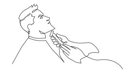 Side view of a hairdresser trimming a man's beard with a trimmer. Continuous one line drawing of beard cutting process.