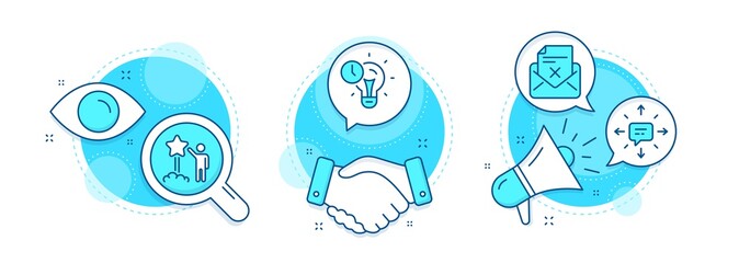 Reject letter, Time management and Star line icons set. Handshake deal, research and promotion complex icons. Sms sign. Delete mail, Idea lightbulb, Launch rating. Conversation. Technology set. Vector