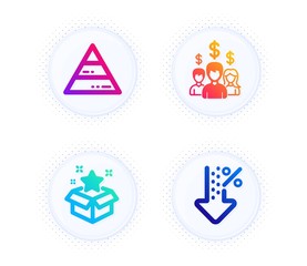 Salary employees, Loyalty program and Pyramid chart icons simple set. Button with halftone dots. Low percent sign. People earnings, Bonus star, Report analysis. Discount. Finance set. Vector