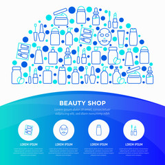 Beauty shop concept in half circle with thin line icons: skin care, cream, gel, organic cosmetics, make up, soap dispenser, nail care, beauty box, deodorant, face oil, sheet mask. Vector illustration.