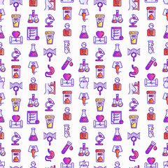 Medical analyzes seamless pattern with thin line icons: blood test, urine test, stool, ECG, mammography, sperm, DNA, ultrasound, EEG, X-ray, gastroscopy. Vector illustration for laboratory web page.