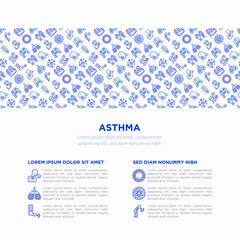 Asthma concept with thin line icons: allergen, dyspnea, cough, wheezing, chest pain, diaphragm, hives, sputum, peak flow meter, inhaler, nebulizer. Vector illustration, template with copy space.
