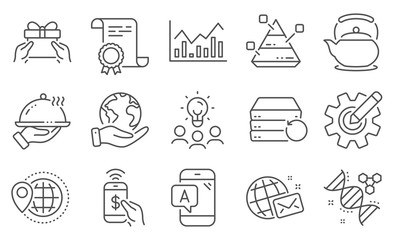 Set of Business icons, such as Chemistry dna, Pyramid chart. Diploma, ideas, save planet. World travel, Recovery server, Give present. Infochart, Ab testing, Teapot. Vector