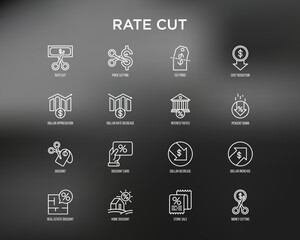 Rate cut thin line icon set: cutting price, cost reduction, sale, discount, receipt, loyalty card, interest. Modern vector illustration.
