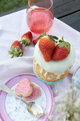 Picnic on wooden table in the park