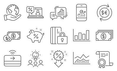 Set of Finance icons, such as Contactless payment, Report diagram. Diploma, ideas, save planet. Banking, Dollar money, Blocked card. Discount, Online loan, Money currency. Vector