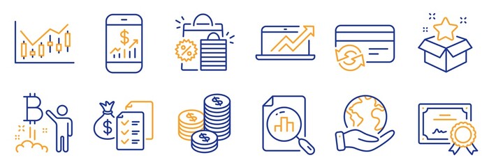 Set of Finance icons, such as Loyalty program, Coins. Certificate, save planet. Bitcoin project, Sales diagram, Change card. Shopping bags, Analytics graph, Mobile finance. Vector