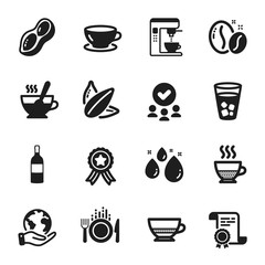 Set of Food and drink icons, such as Sunflower seed, Water drop. Certificate, approved group, save planet. Tea cup, Bombon coffee, Food. Ice tea, Coffee maker, Espresso. Vector