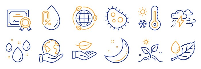 Set of Nature icons, such as Bacteria, No alcohol. Certificate, save planet. Grow plant, Weather thermometer, Leaf. Eco energy, Leaf dew, Rainy weather. Moon stars line icons. Vector